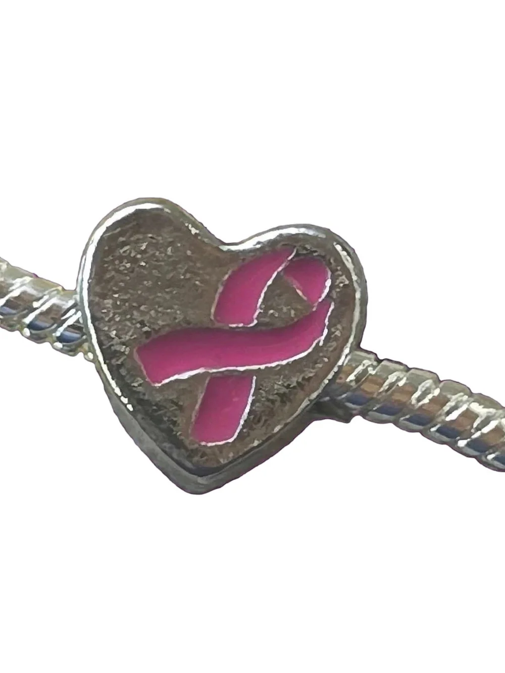 Hope heart 925 sterling silver charm with pink enamel Ribbon